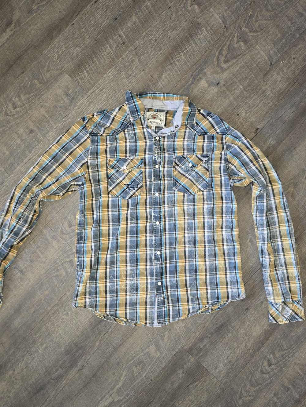 Ed Hardy Vintage y2k Men's Plaid Button-Up Shirt in Blue and Tan